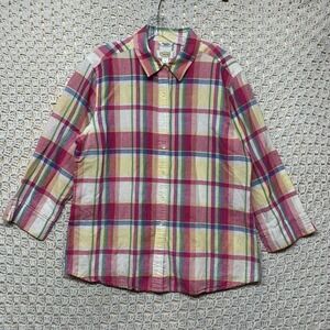 Talbots Irish Linen‎ Blend Shirt Top L Womens Button Up 3/4 Sleeve Multi Plaid